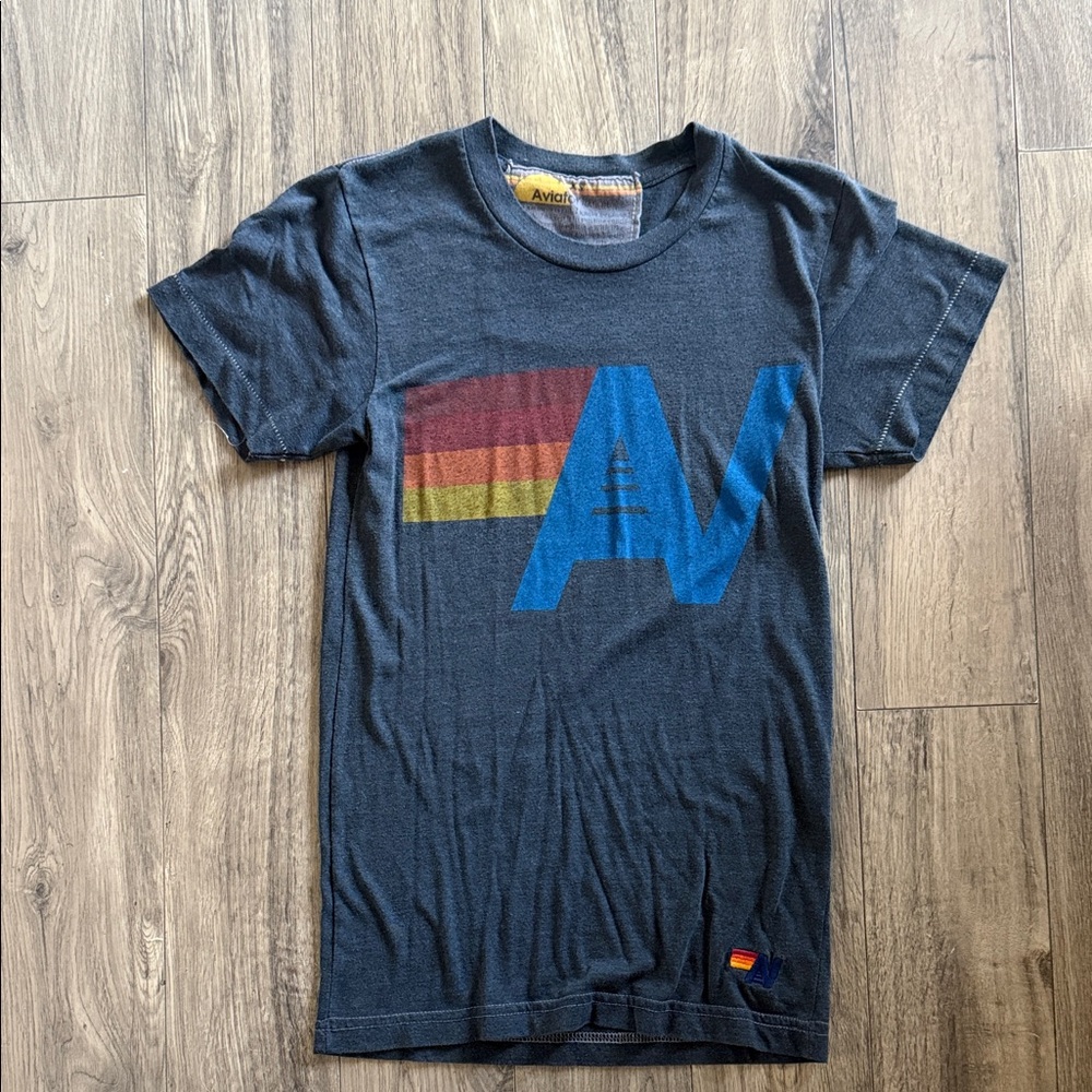 Aviator Nation Navy Short Sleeve Tee with Blue AV and Rainbow Stripes